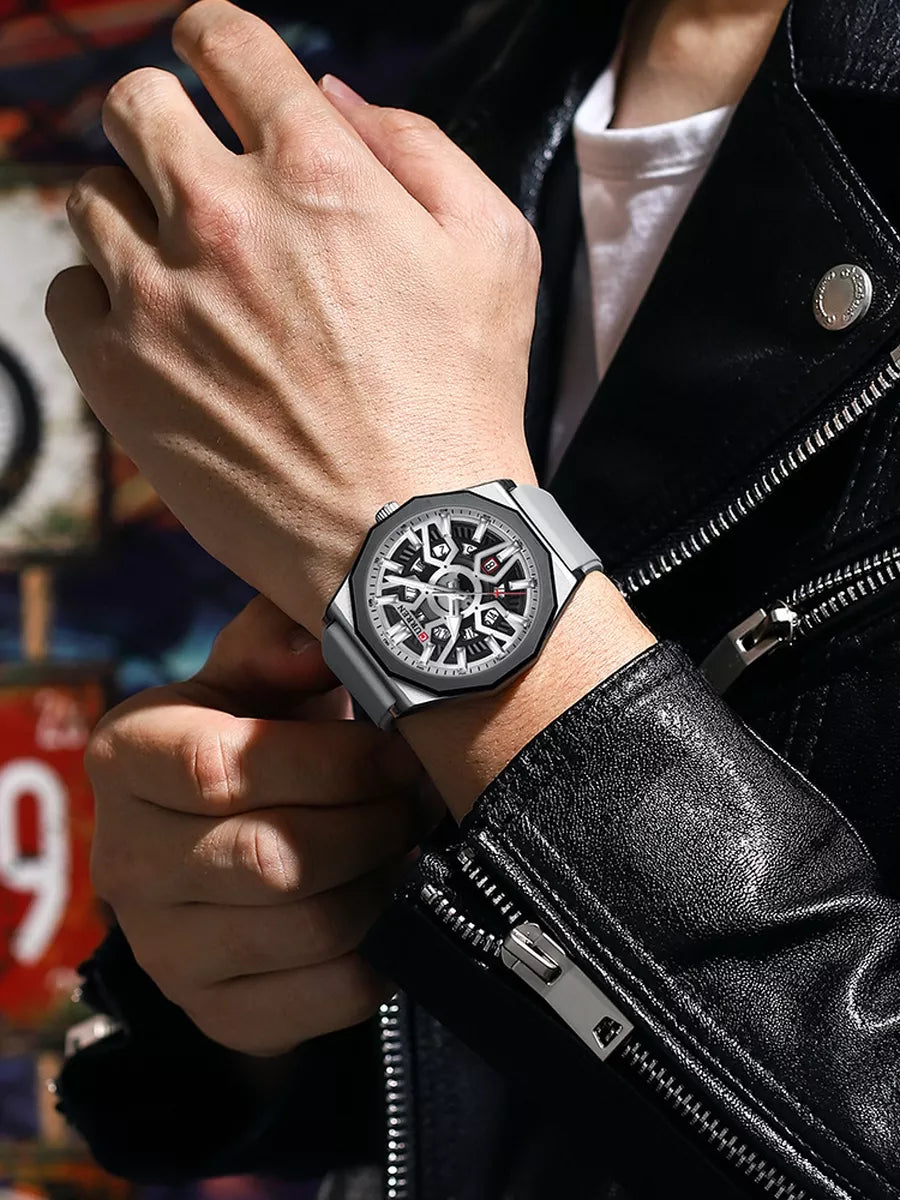 Montre Homme CURREN 8437 – Gris / Argenté-Chronographe Sport Élégant, Bracelet Silicone, Étanche 3ATM, Quartz