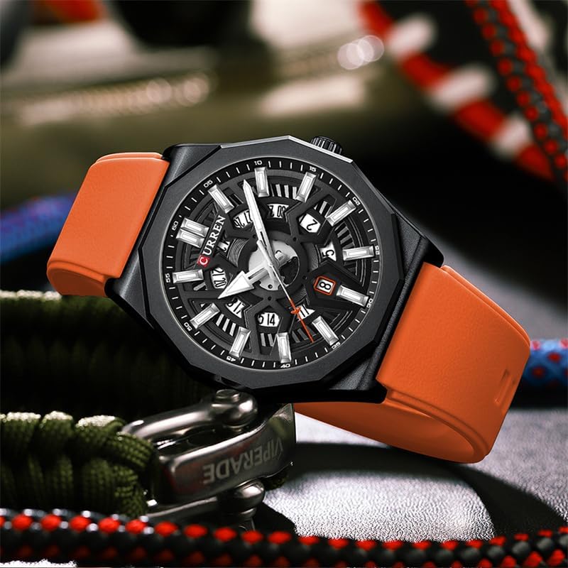Montre Homme CURREN – Design Skeleton Noir & Orange, Bracelet Silicone Orange, Quartz