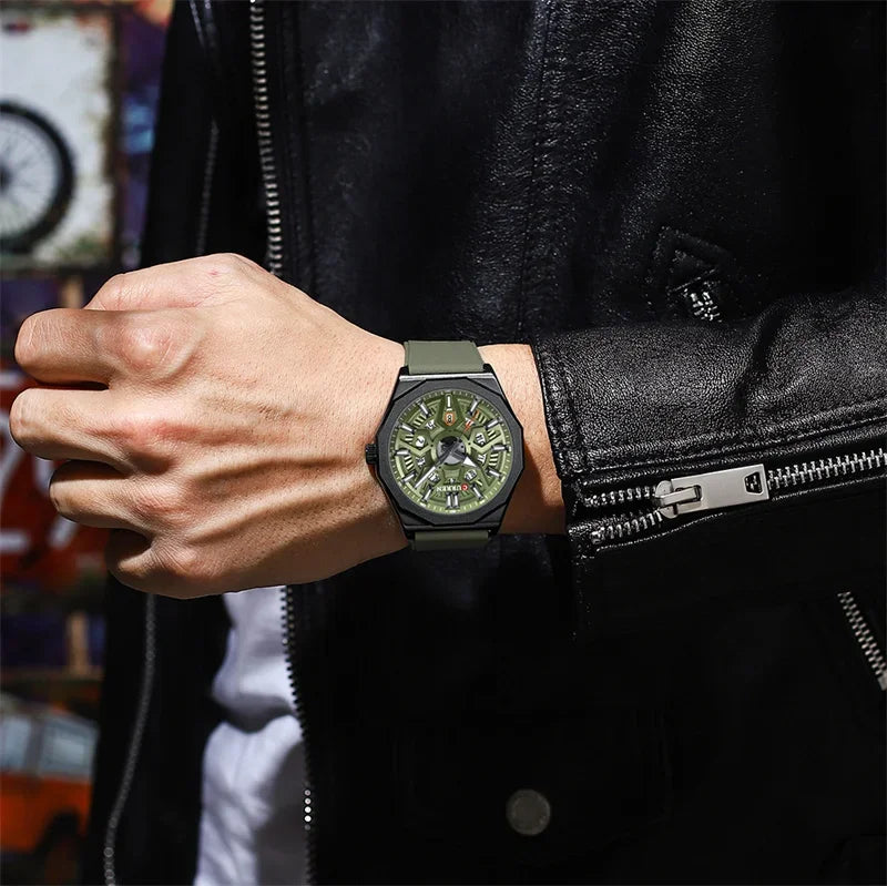 Montre Homme CURREN – Design Skeleton Vert Olive, Bracelet Silicone Vert, Quartz , Style Sport & Moderne