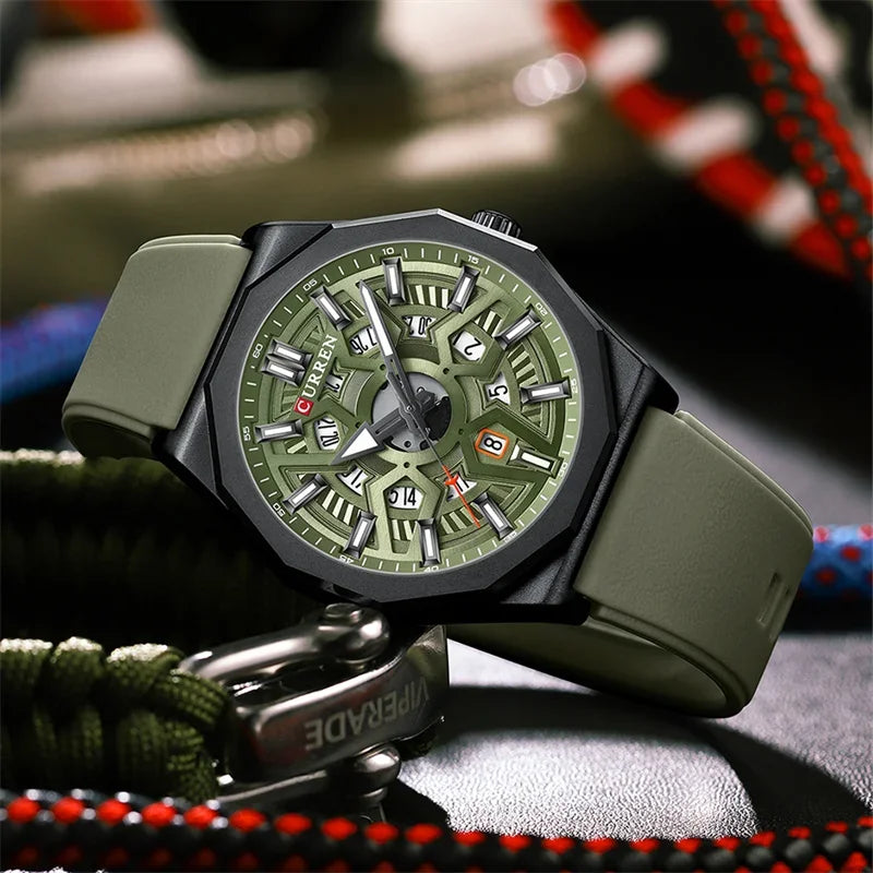 Montre Homme CURREN – Design Skeleton Vert Olive, Bracelet Silicone Vert, Quartz , Style Sport & Moderne