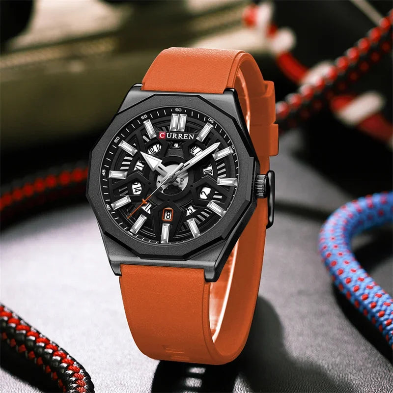 Montre Homme CURREN – Design Skeleton Noir & Orange, Bracelet Silicone Orange, Quartz