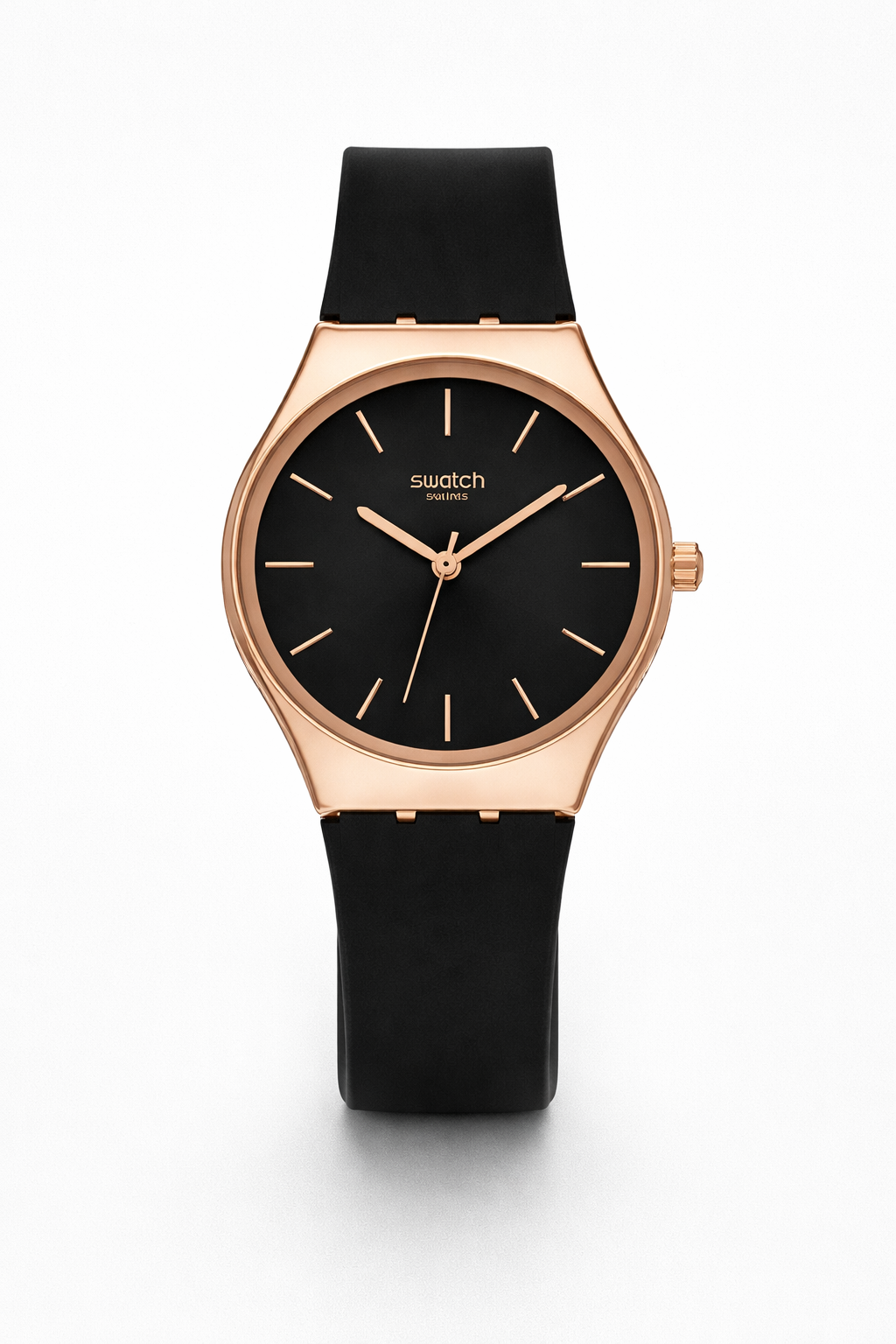 Montre Swatch Swiss Luxueuse – Cadran Noir & Boîtier Or Rose | Bracelet Silicone Noir | DABSHY