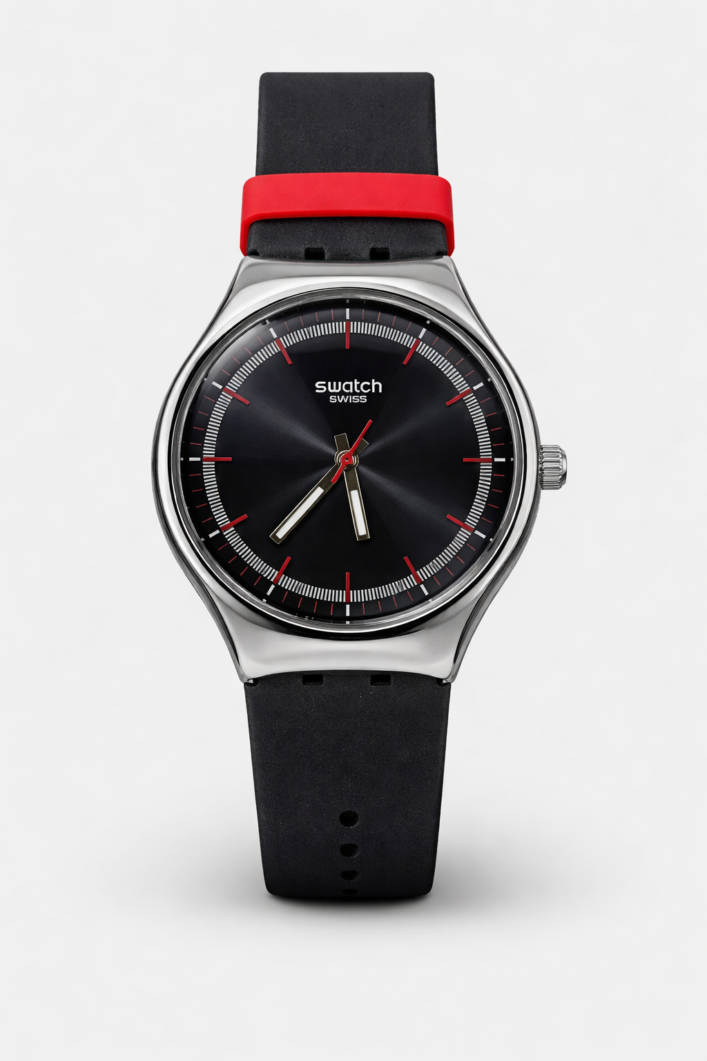 Montre Swatch Swiss Classique – Cadran Noir & Détails Rouges | Bracelet Silicone Noir & Rouge | DABSHY