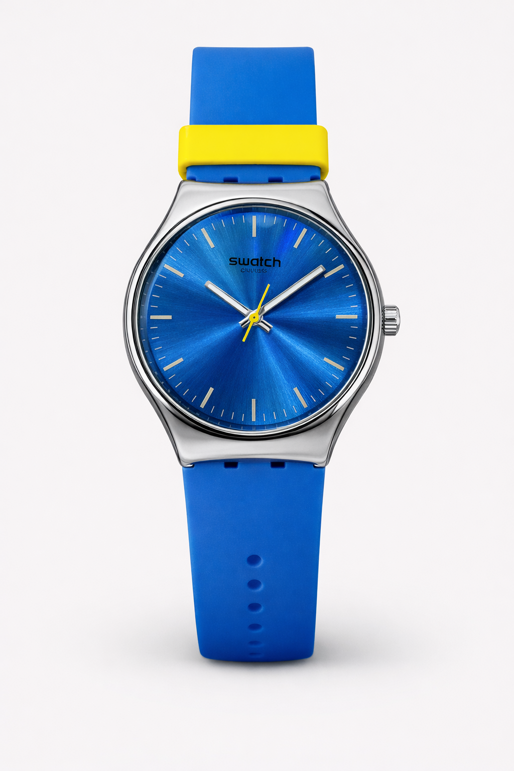 Montre Swatch Swiss Colorée – Cadran Bleu Effet Sunburst | Bracelet Bleu & Jaune | DABSHY