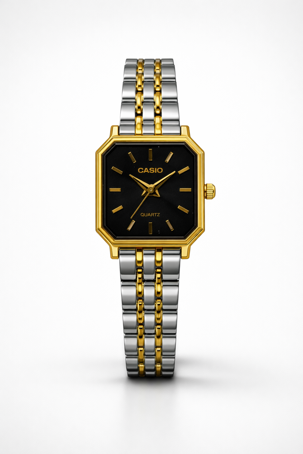 Montre Casio Femme Bicolore Cadran Noir - Élégance Octogonale Luxe Deux Tons