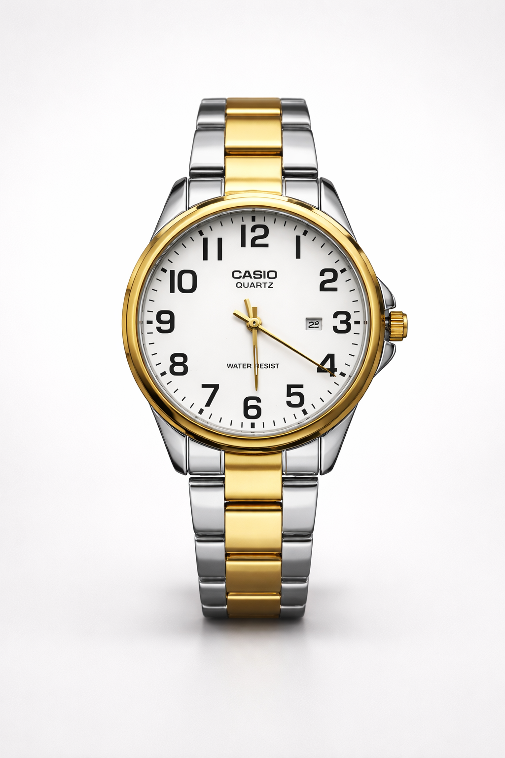 Montre Casio Quartz Bicolore pour Femme - Bracelet Acier Argenté et Doré - Cadran Blanc Chiffres Arabes - Résistante à l'Eau - Élégance Classique