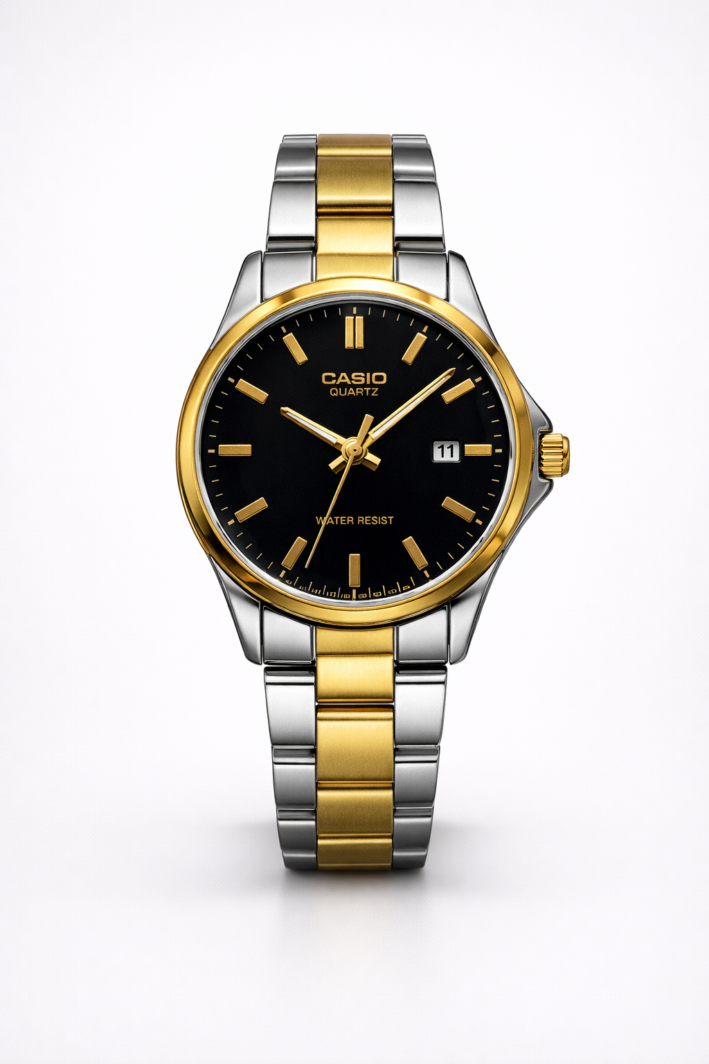 Montre Casio Femme Bicolore Cadran Noir avec Date - Élégance Ronde Classique Deux Tons