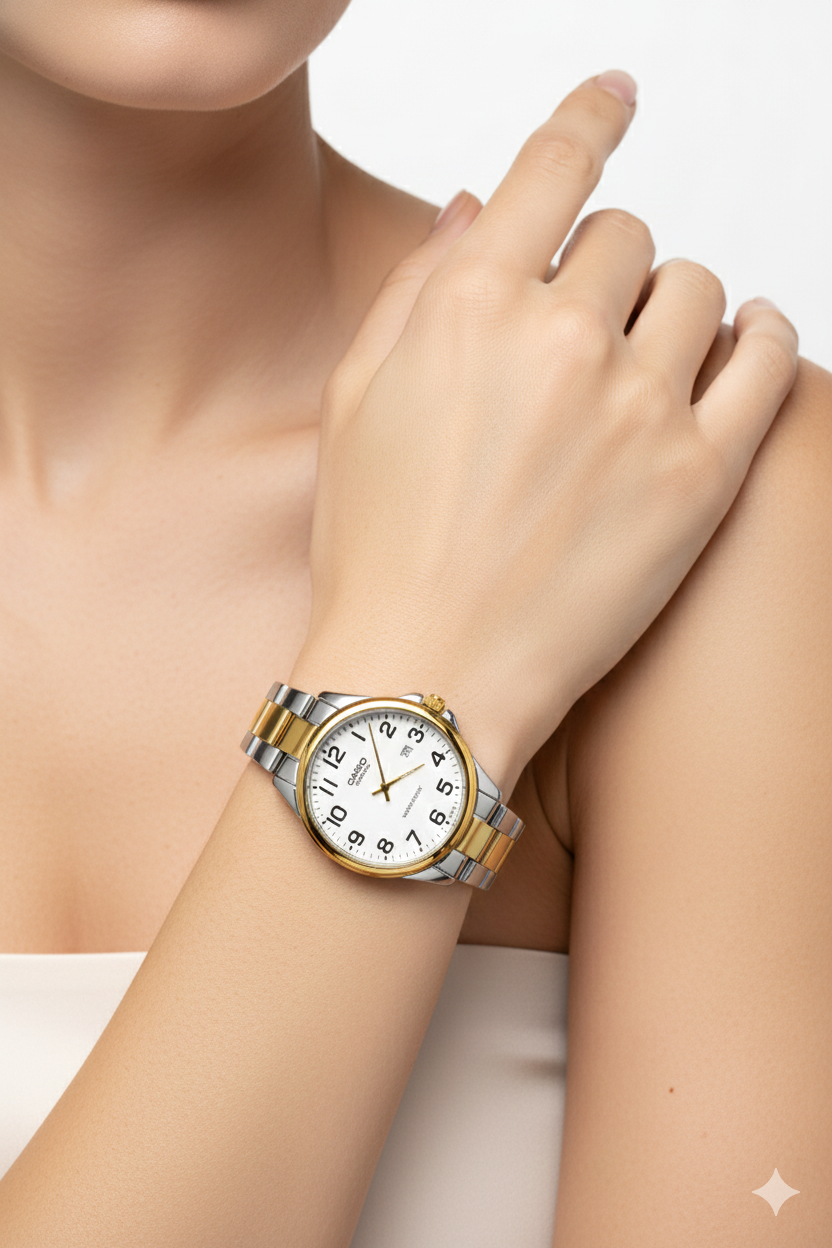 Montre Casio Quartz Bicolore pour Femme - Bracelet Acier Argenté et Doré - Cadran Blanc Chiffres Arabes - Résistante à l'Eau - Élégance Classique