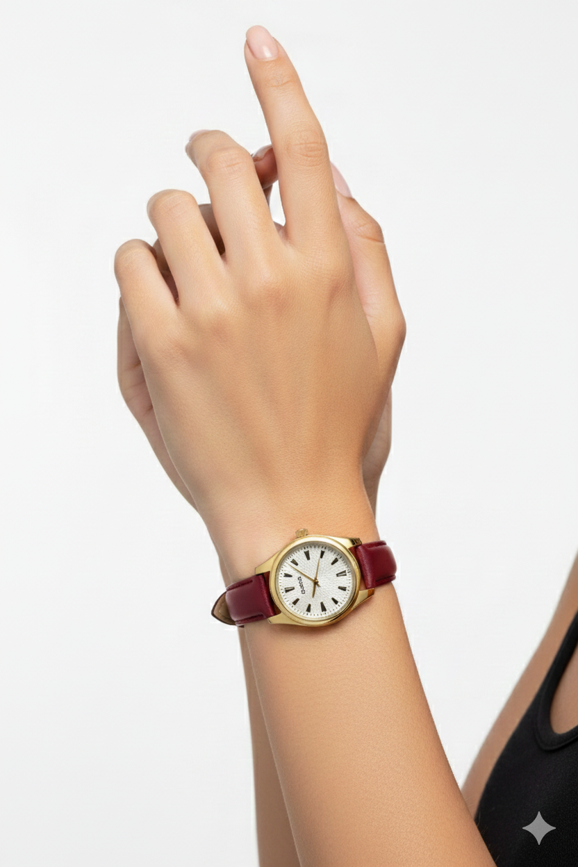 Montre Casio Élégante Analogique à Bracelet en Cuir Bordeaux et Boîtier Doré