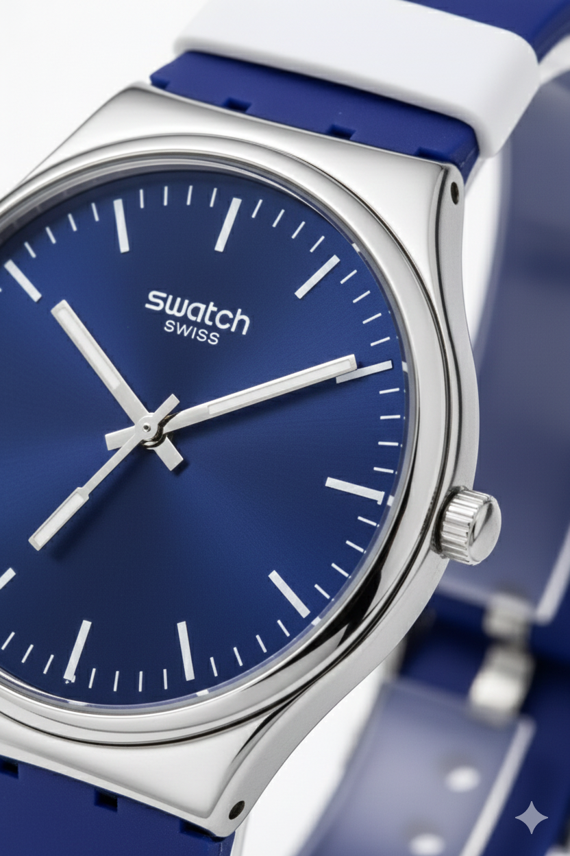 Montre Swatch Swiss Classique – Cadran Bleu Marine | Bracelet Silicone Bleu & Blanc | DABSHY