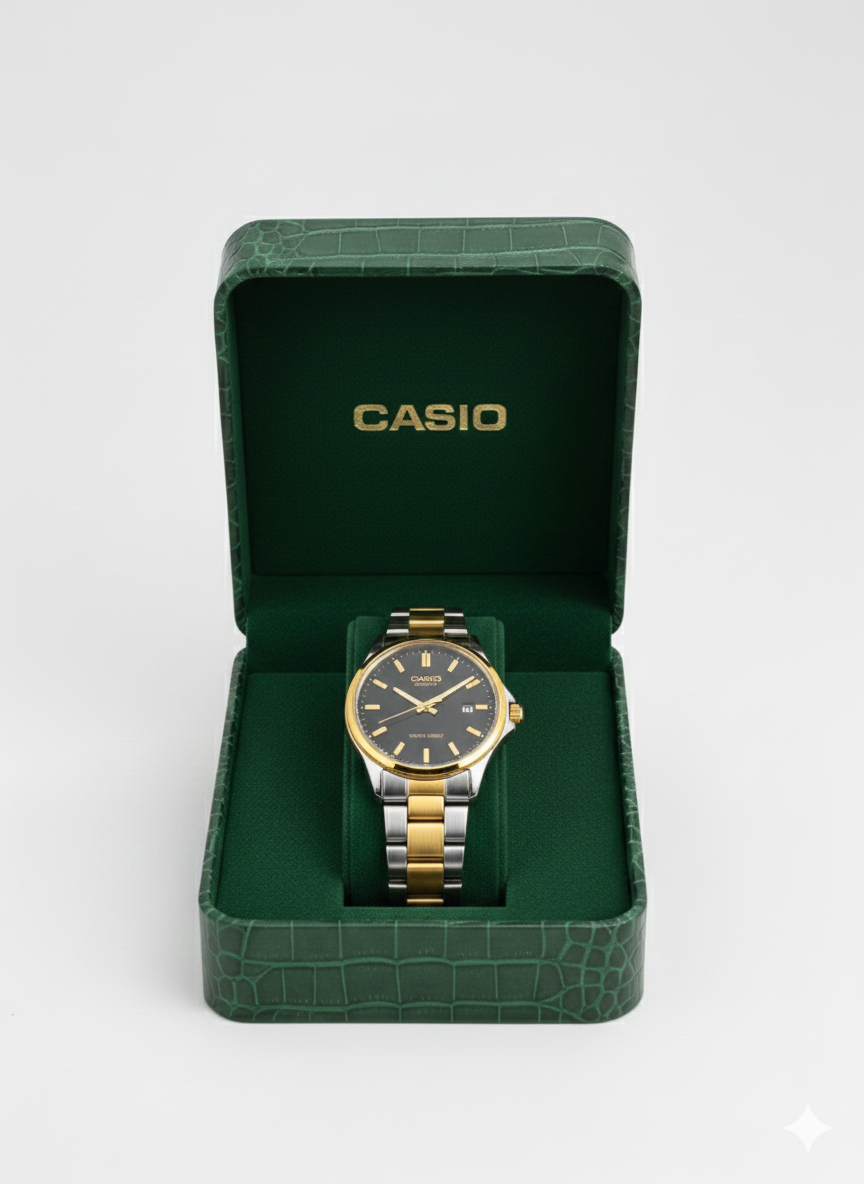 Montre Casio Femme Bicolore Cadran Noir avec Date - Élégance Ronde Classique Deux Tons