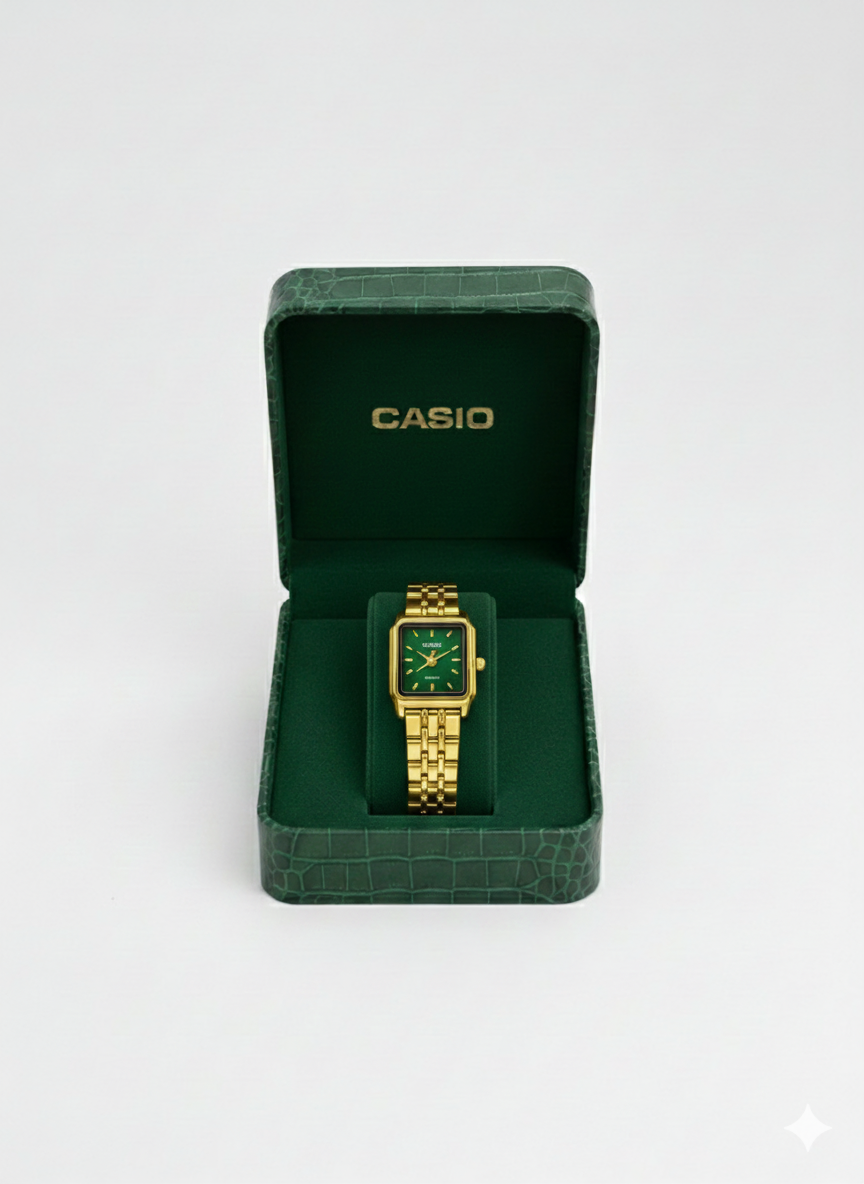 Montre Casio Femme Dorée Cadran Vert Émeraude - Luxe Vintage Bracelet Acier Doré