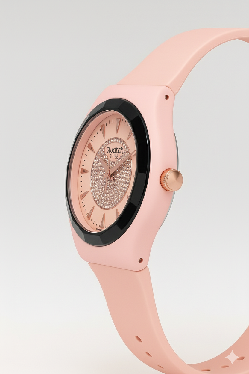 Montre Swatch Rose Poudré Scintillante avec Cadran Cristallisé