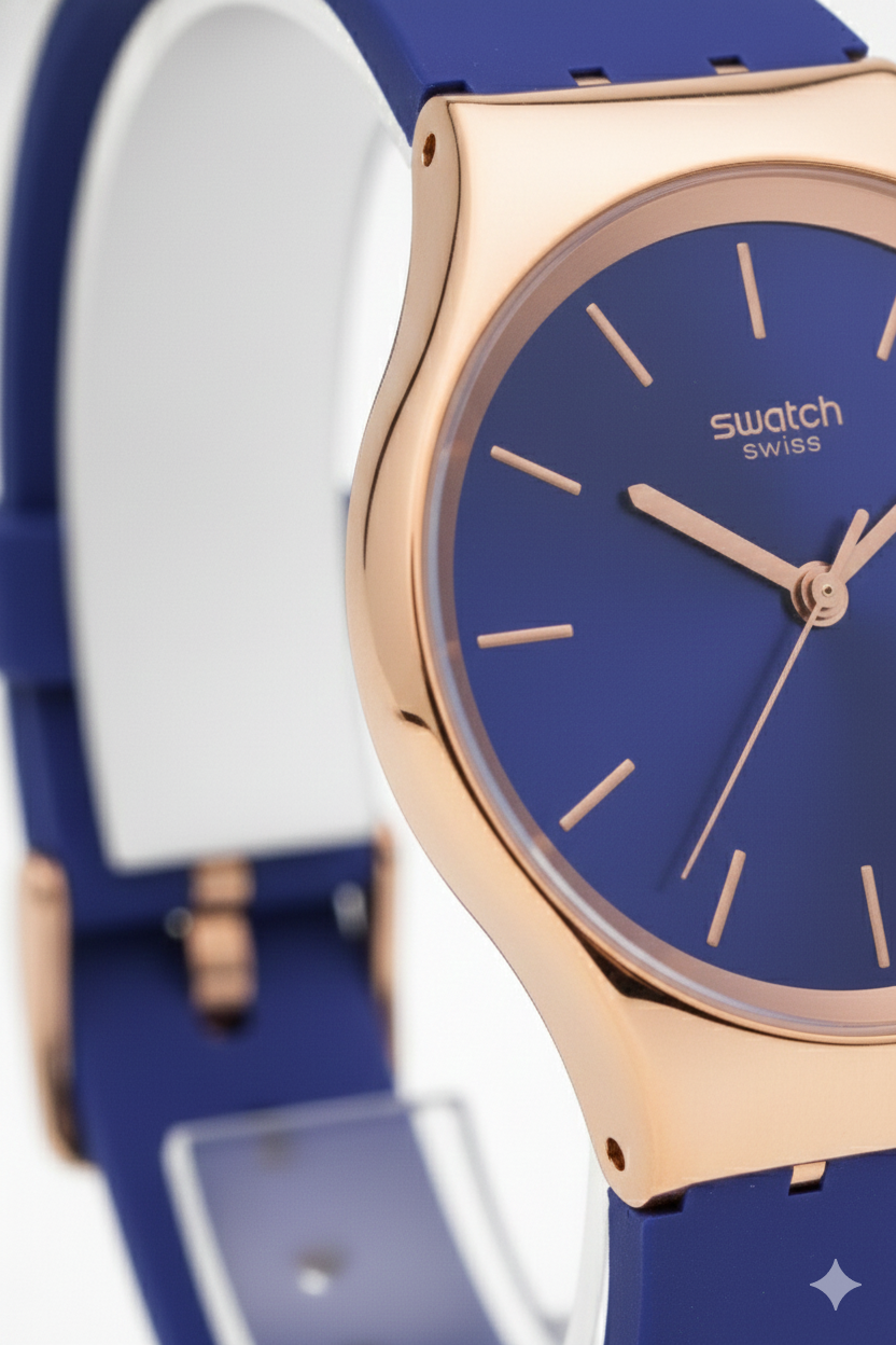 Montre Swatch Swiss Élégante – Cadran Bleu & Boîtier Or Rose | Bracelet Silicone Bleu | DABSHY