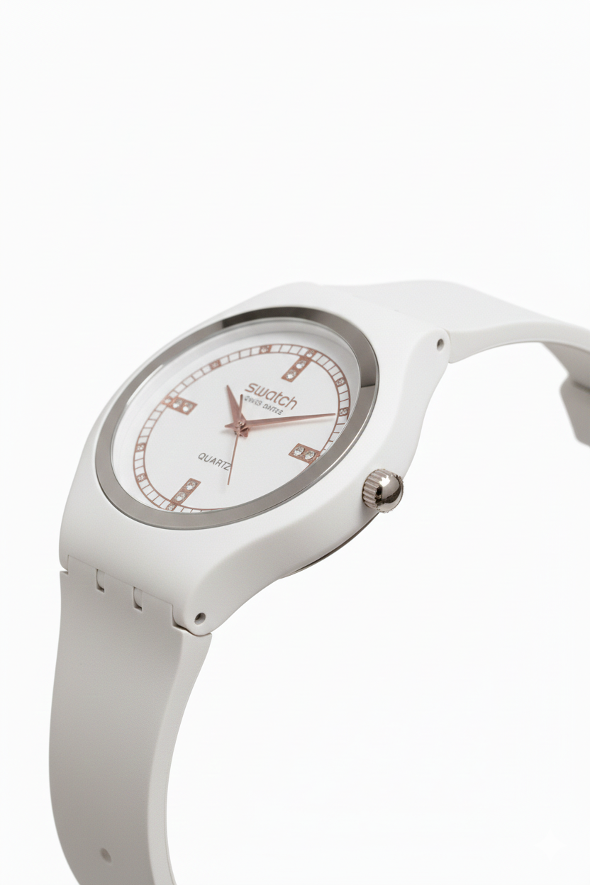 Swatch White Crystal Quartz – Édition Pure Snow (Modèle : SR-WHT38)