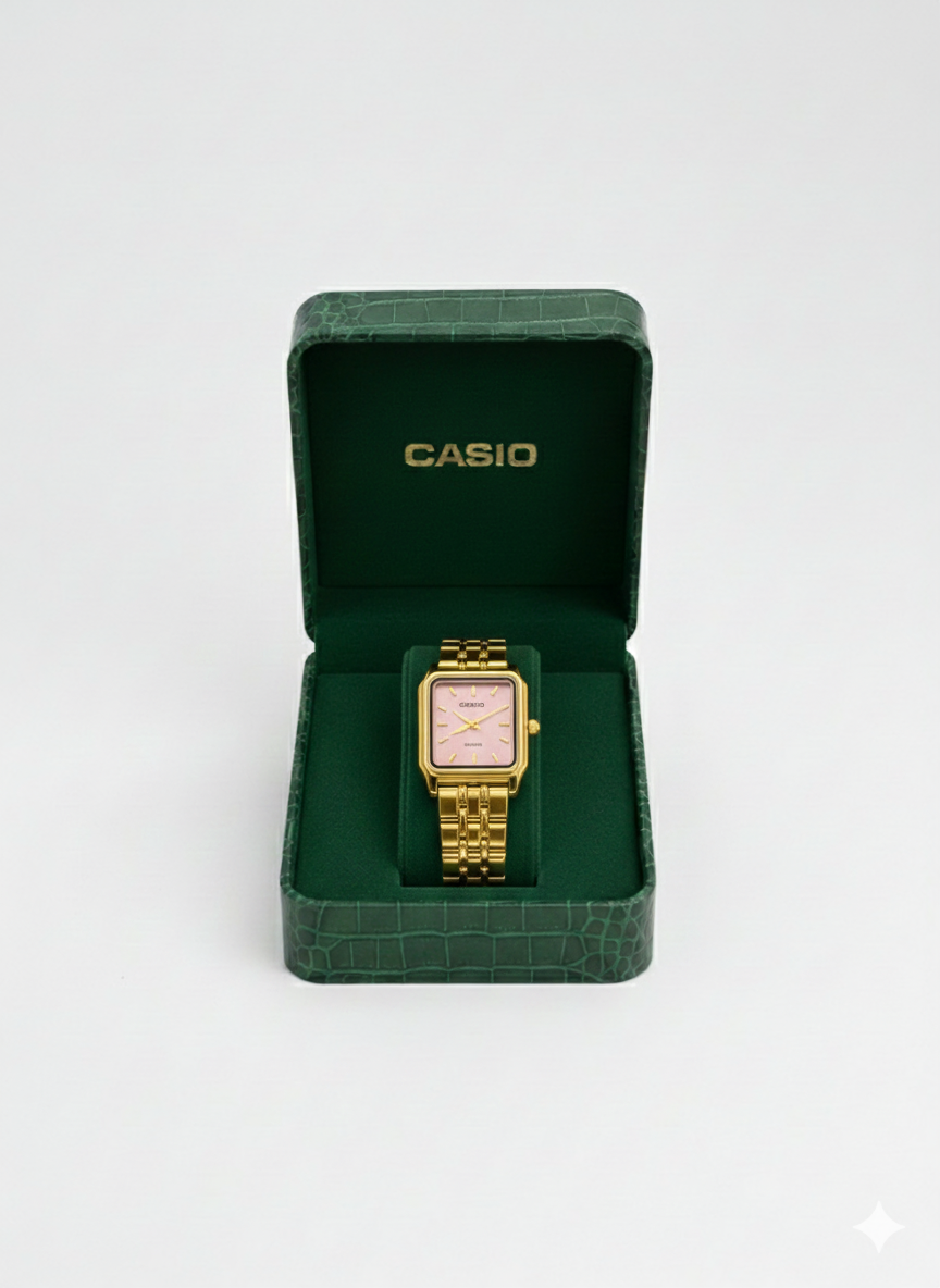 Montre Casio Femme Dorée Cadran Rose - Élégance Vintage Bracelet Acier Doré