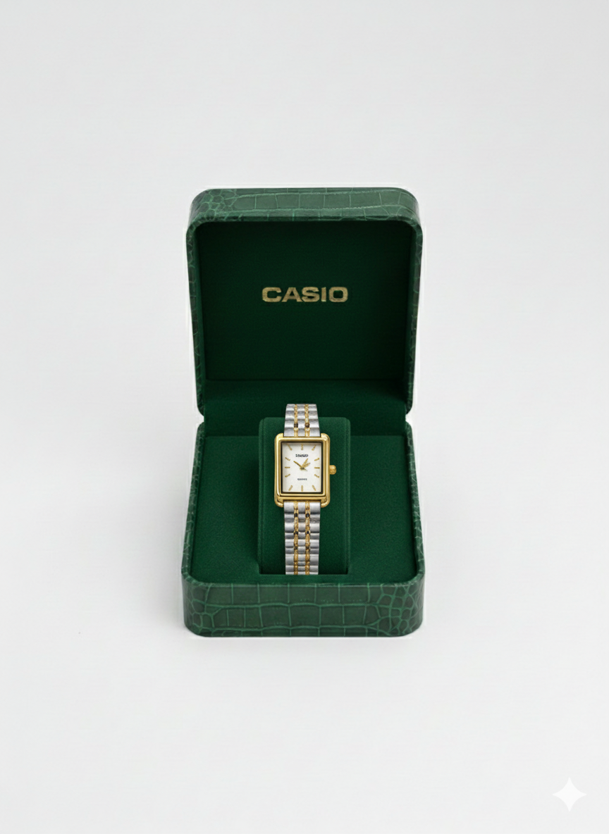 Montre Casio Femme Bicolore Cadran Blanc - Classique Élégante Deux Tons Or & Argent