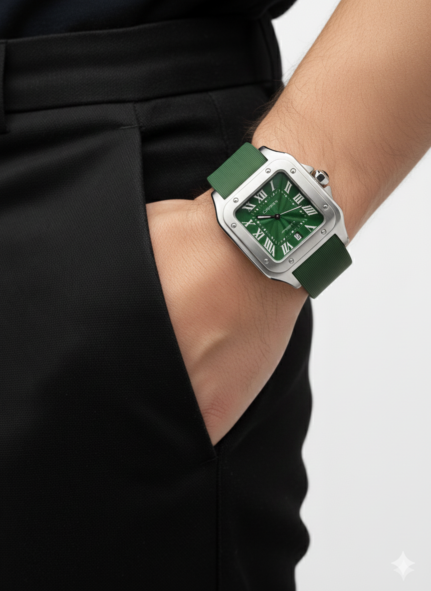 Montre Cartier Santos – Cadran Vert & Boîtier Argent | Édition Premium