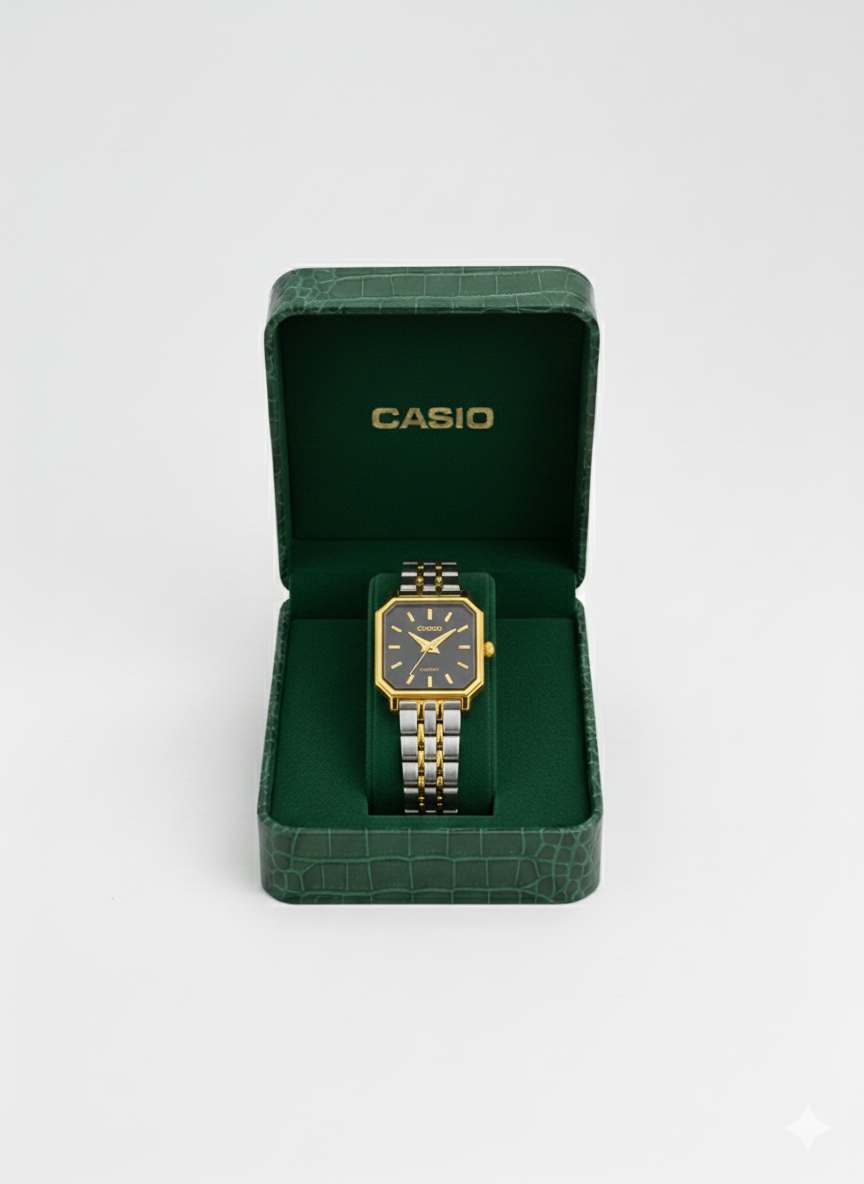 Montre Casio Femme Bicolore Cadran Noir - Élégance Octogonale Luxe Deux Tons