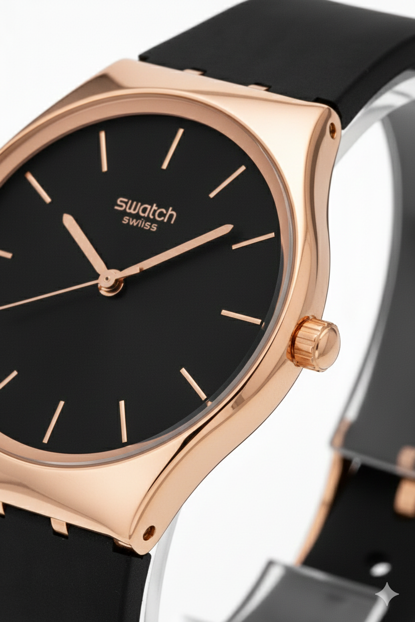 Montre Swatch Swiss Luxueuse – Cadran Noir & Boîtier Or Rose | Bracelet Silicone Noir | DABSHY