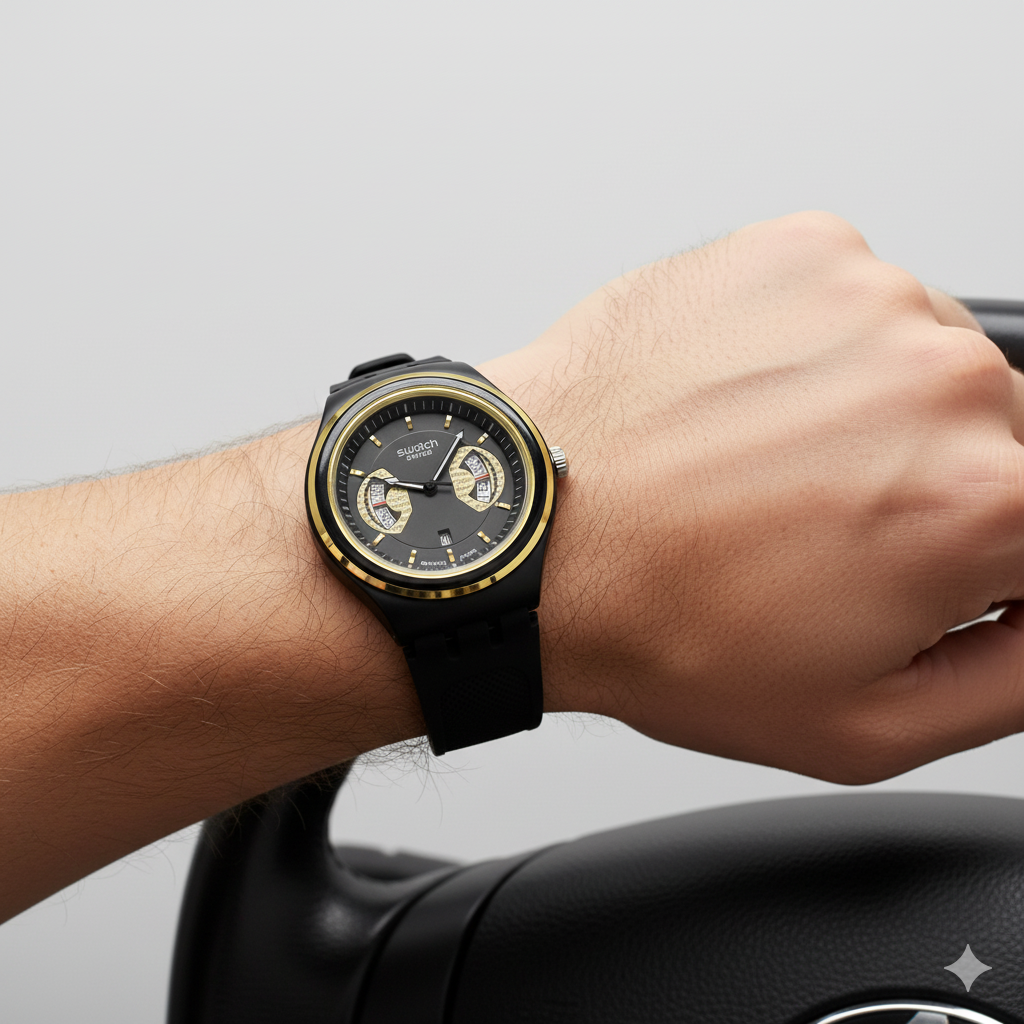 Montre Swatch Chronographe Noire et Or - Design Bicolore Élégant