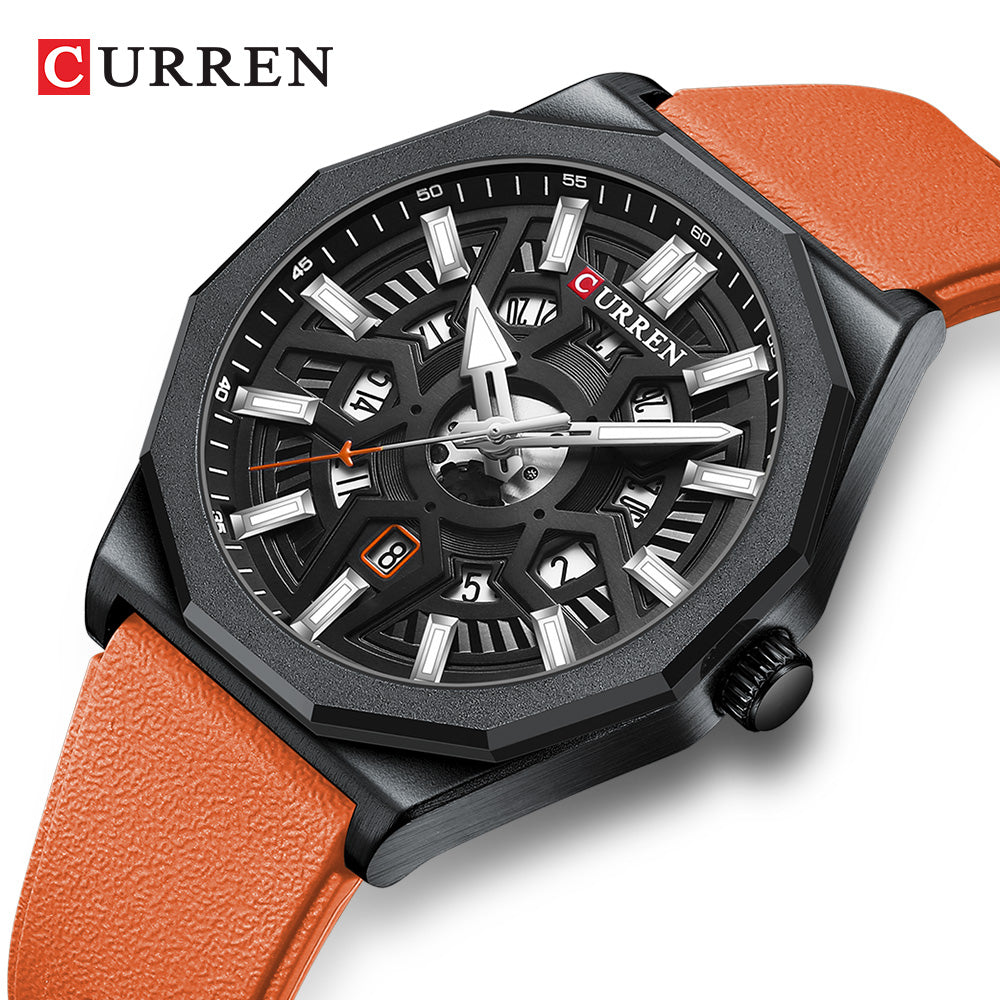 Montre Homme CURREN – Design Skeleton Noir & Orange, Bracelet Silicone Orange, Quartz