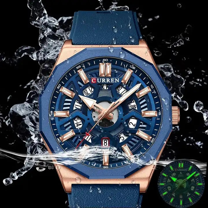 Montre Homme CURREN 8437 – bleu-Chronographe Sport Élégant, Bracelet Silicone, Étanche 3ATM, Quartz
