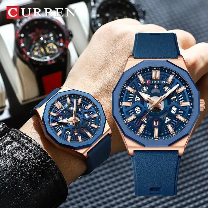 Montre Homme CURREN 8437 – bleu-Chronographe Sport Élégant, Bracelet Silicone, Étanche 3ATM, Quartz