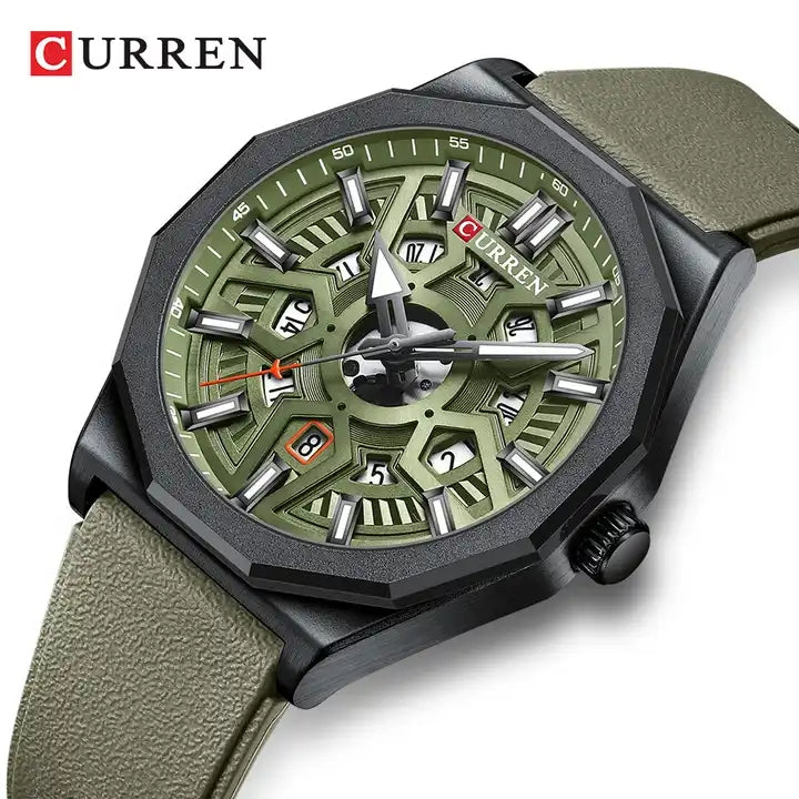 Montre Homme CURREN – Design Skeleton Vert Olive, Bracelet Silicone Vert, Quartz , Style Sport & Moderne