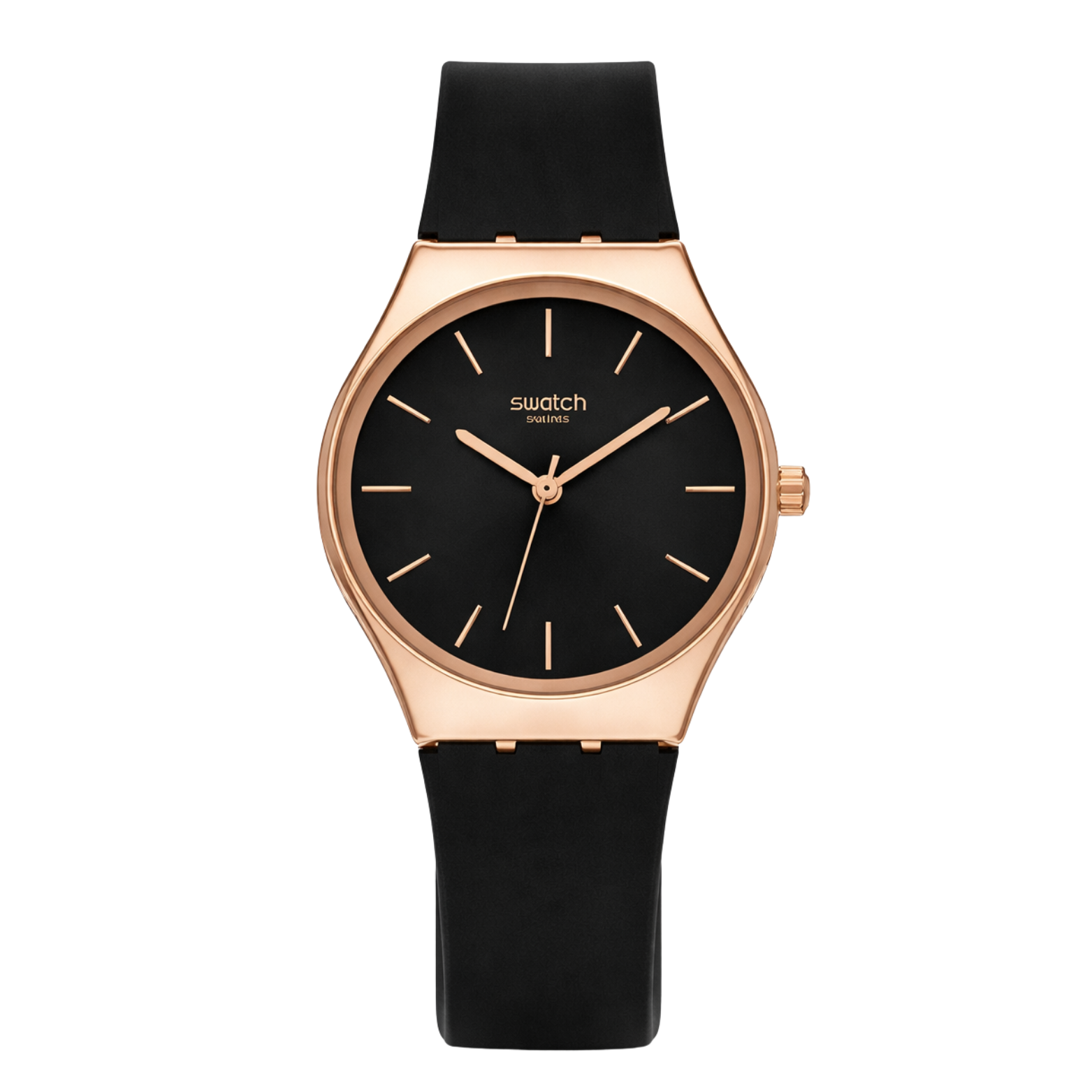 Montre Swatch Swiss Luxueuse – Cadran Noir & Boîtier Or Rose | Bracelet Silicone Noir | DABSHY