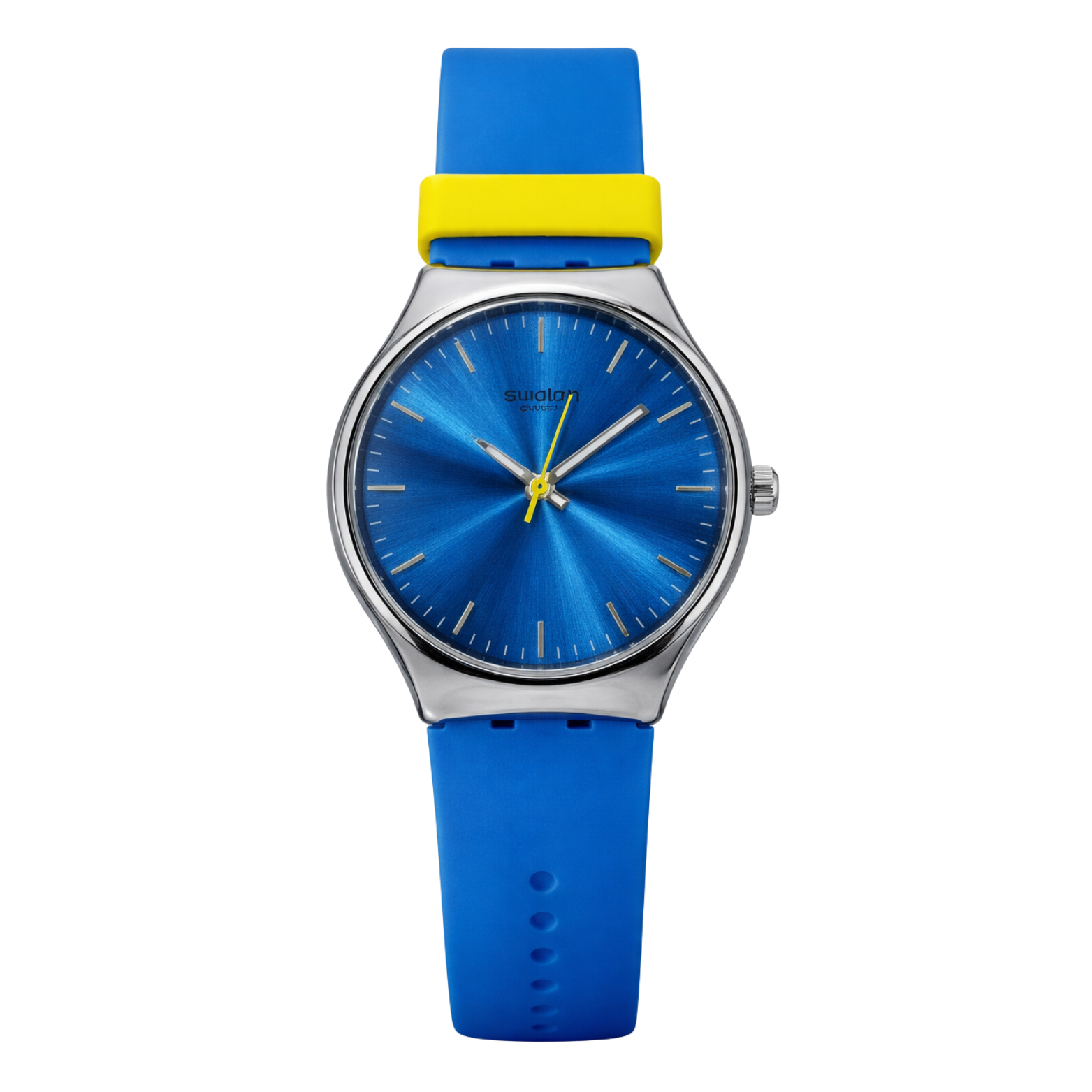 Montre Swatch Swiss Colorée – Cadran Bleu Effet Sunburst | Bracelet Bleu & Jaune | DABSHY