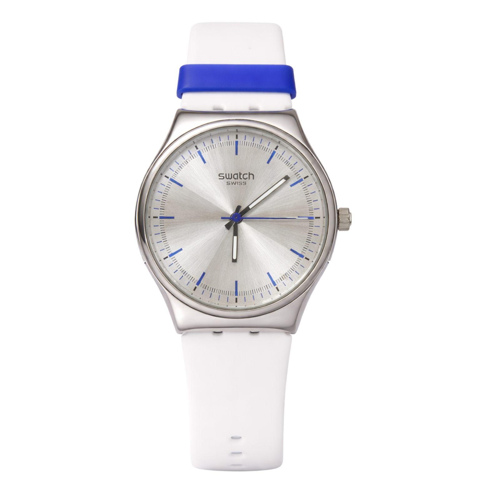 Montre Swatch Swiss Élégante – Cadran Argenté & Détails Bleus | Bracelet Blanc & Bleu | DABSHY
