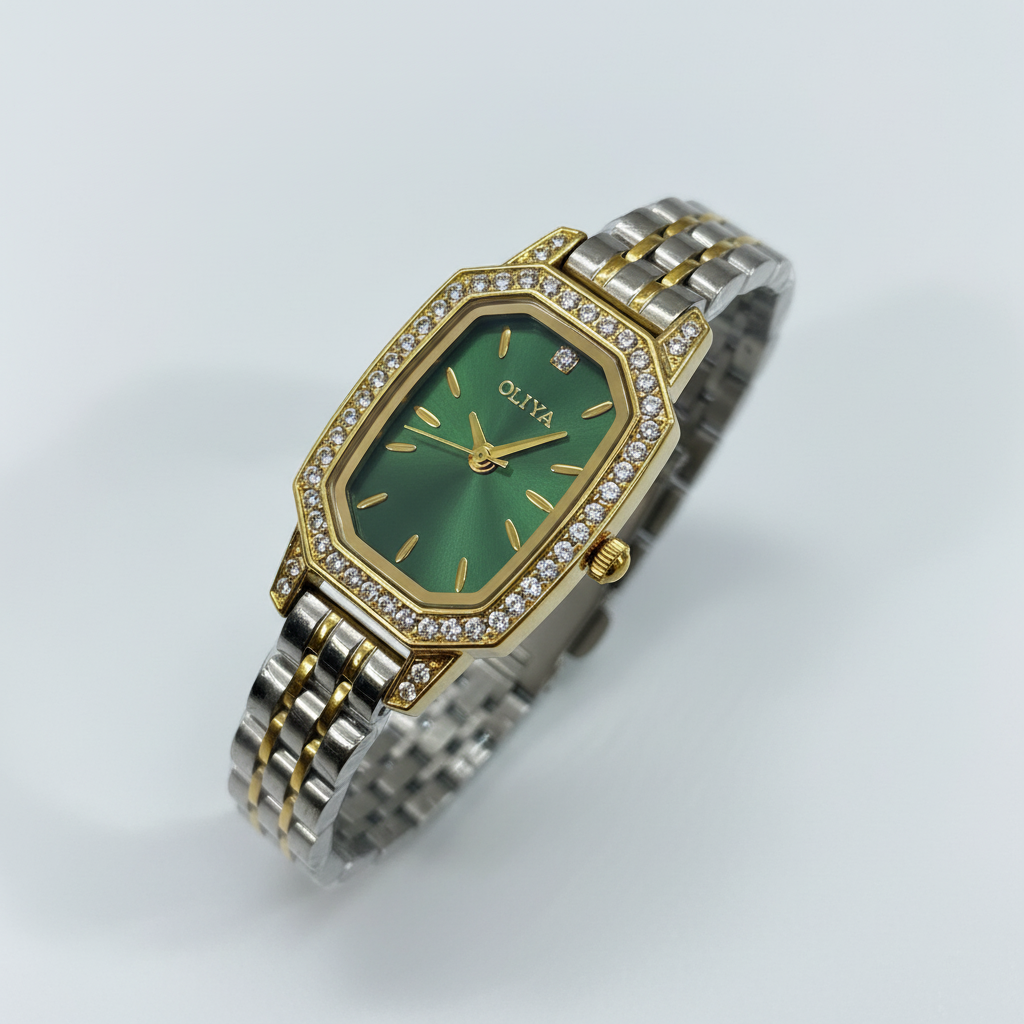 Montre OLIYA Rectangulaire Dorée &amp; Argent – Cadran Vert Émeraude et Éclat Précieux