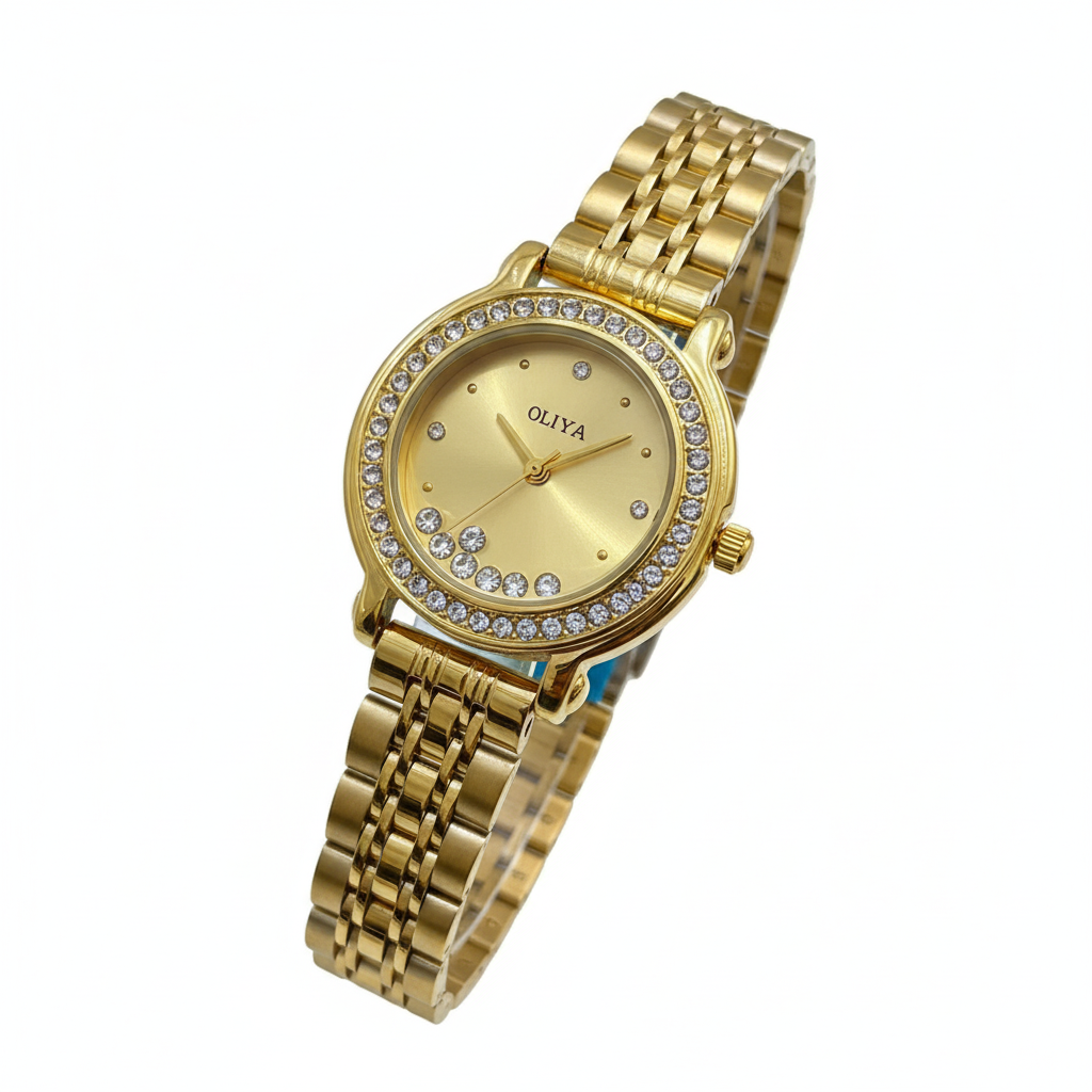 Montre OLIYA Dorée à Cadran Doré et Cristaux Mobiles – L’Expression Pure du Luxe Féminin