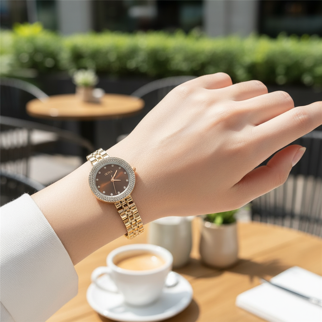 Montre OLIYA Dorée à Strass avec Cadran Noir – Élégance Glamour et Raffinement Intemporel