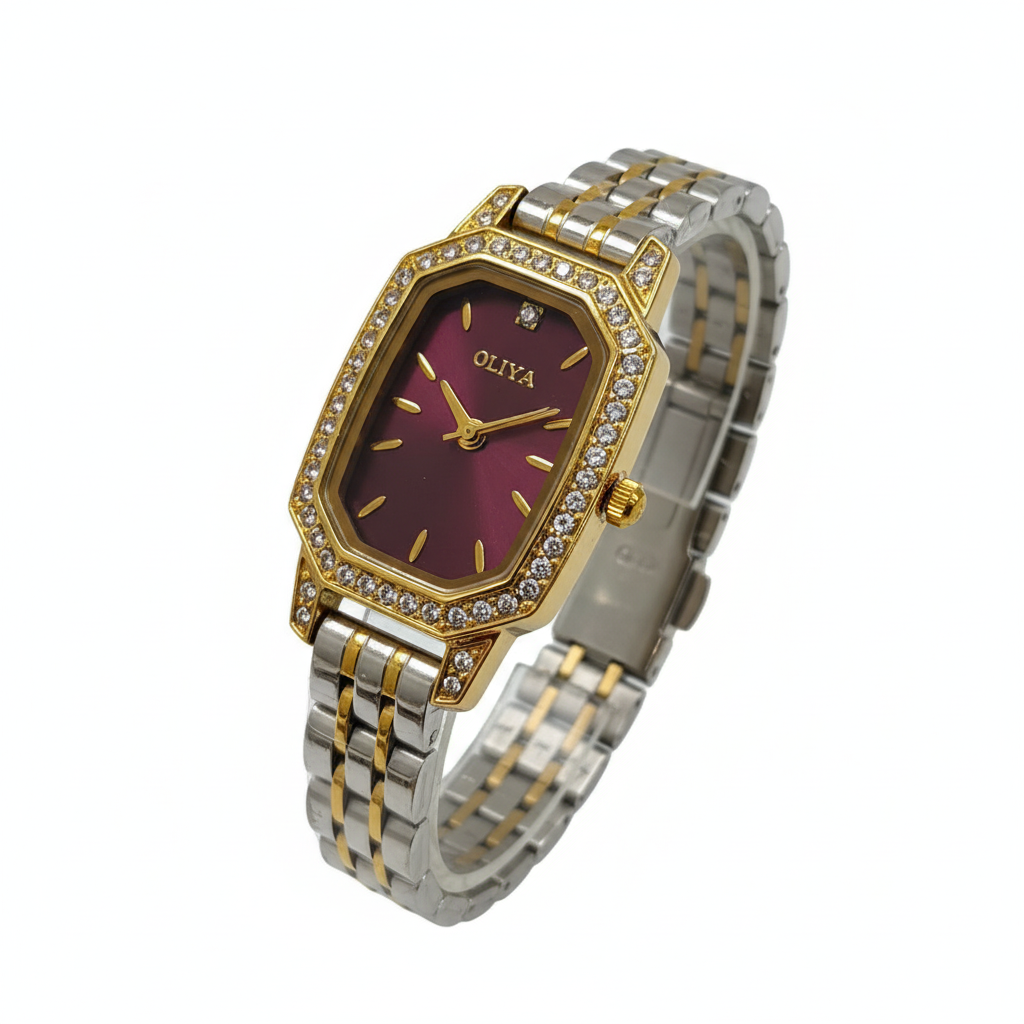 Montre OLIYA Rectangulaire Dorée &amp; Argent – Cadran Rouge Rubis et Éclat Précieux