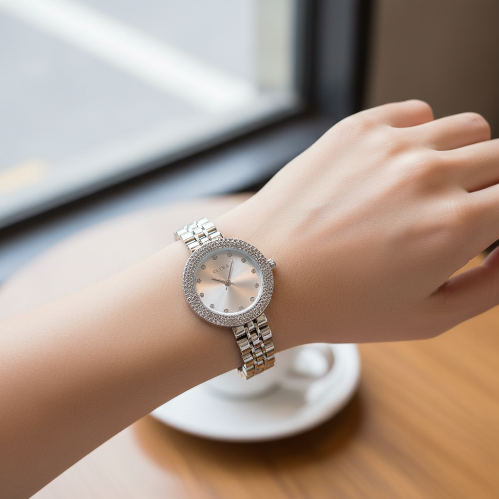 ontre OLIYA Argentée à Strass avec Cadran Gris Soleil – Élégance Moderne et Brillance Raffinée