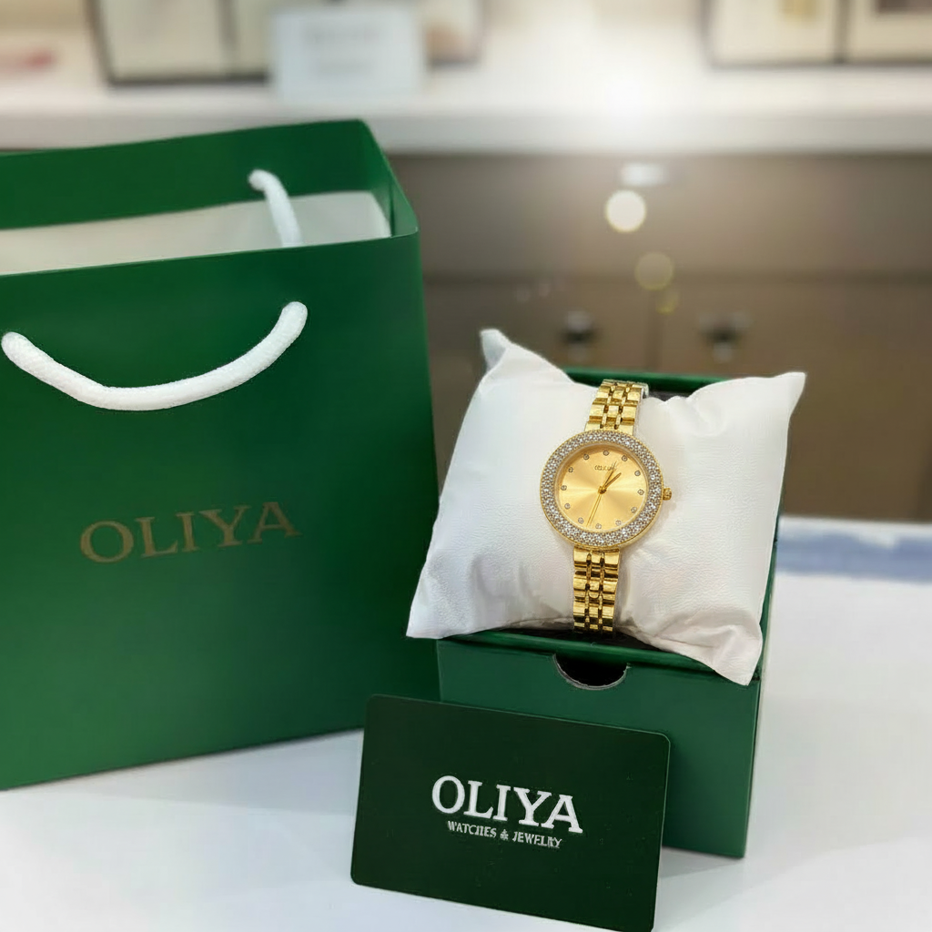 Montre OLIYA Dorée à Strass avec Cadran Doré – Luxe Éclatant et Élégance Féminine