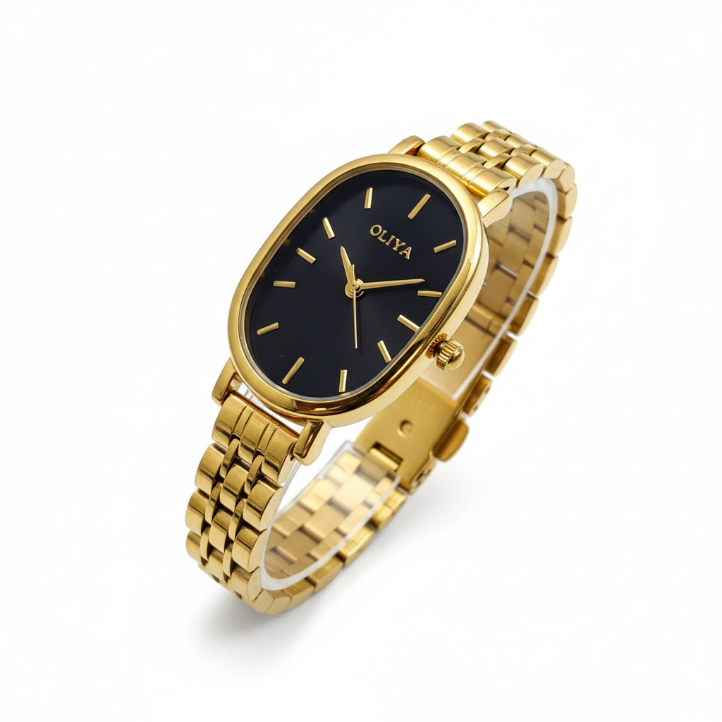 Montre OLIYA Ovale Dorée – Élégance Intemporelle au Cadran Noir Profond