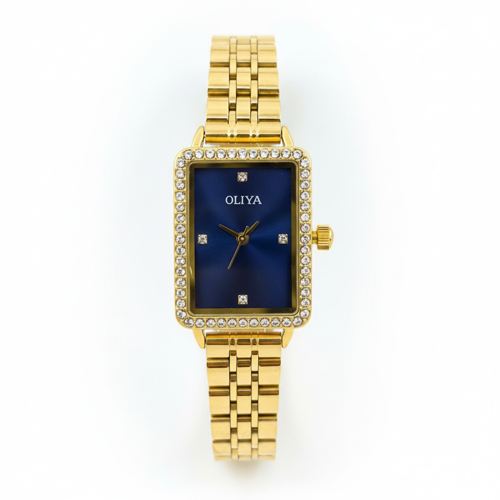 Montre OLIYA 609 Dorée Rectangulaire – Cadran Bleu Élégant et Luxe Moderne