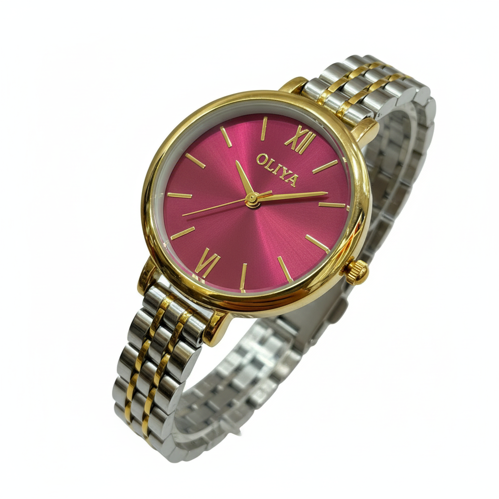 Montre OLIYA Bicolore Cadran Rouge – Élégance Audacieuse et Charme Lumineux