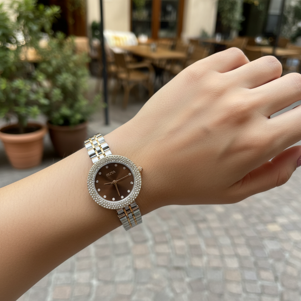 Montre OLIYA Bicolore à Strass avec Cadran Chocolat – Élégance Luxueuse et Charme Intemporel