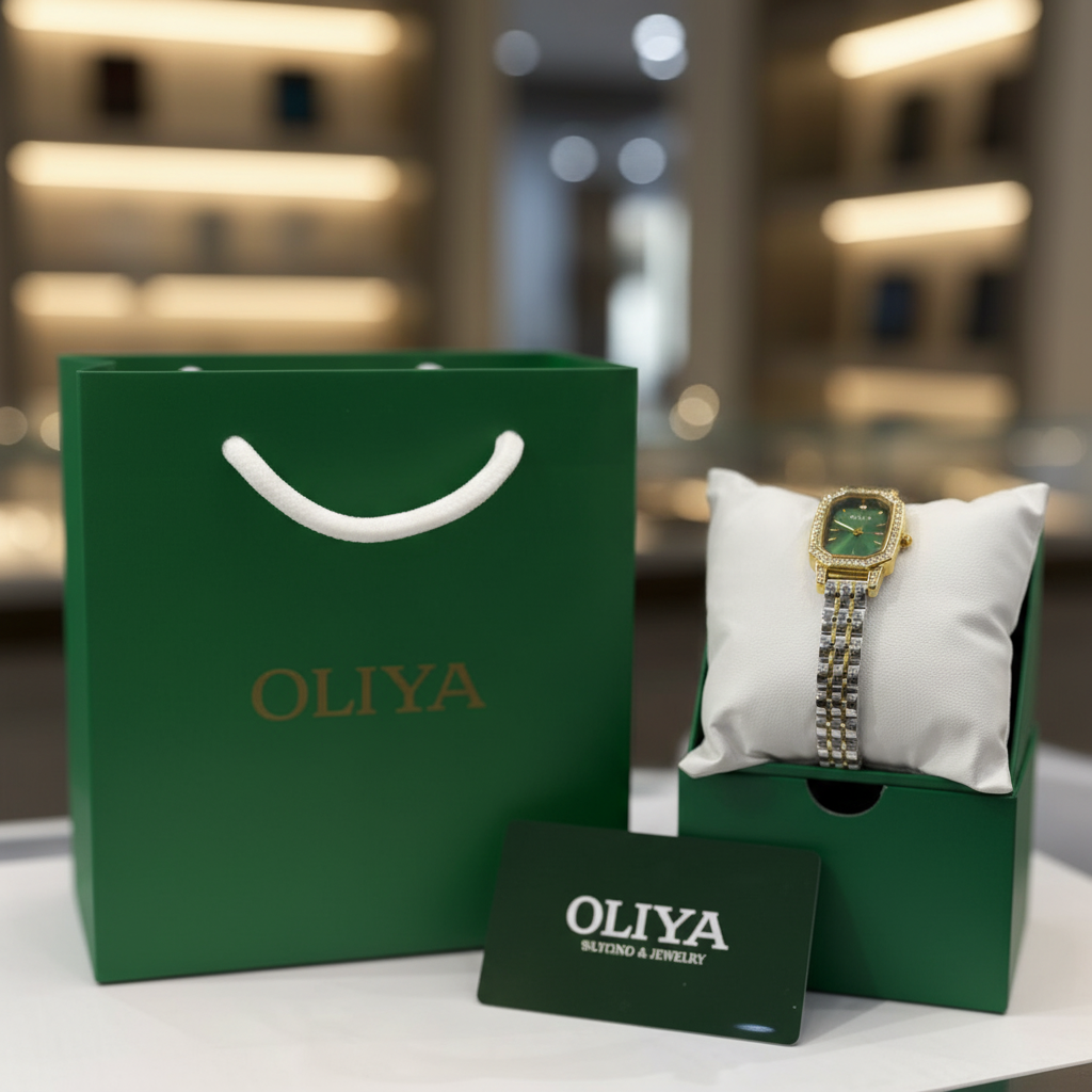 Montre OLIYA Rectangulaire Dorée &amp; Argent – Cadran Vert Émeraude et Éclat Précieux