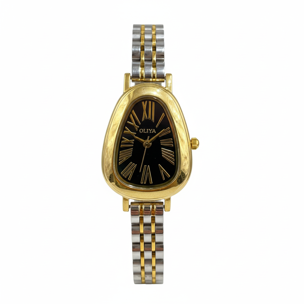 Montre OLIYA Bicolore Cadran Noir – Élégance Intemporelle et Style Raffiné