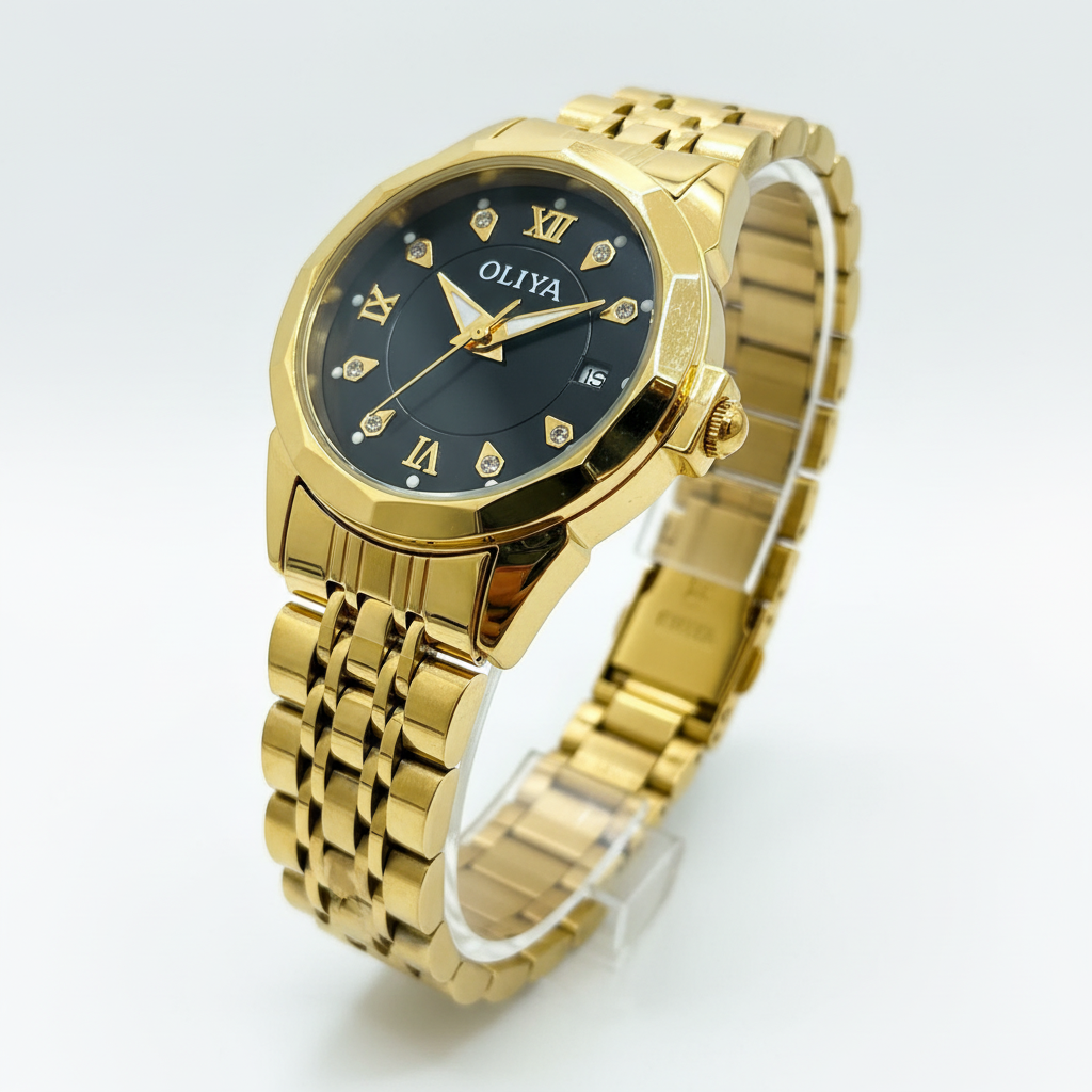 Montre OLIYA Dorée Cadran Noir – Élégance Prestigieuse avec Fonction Date