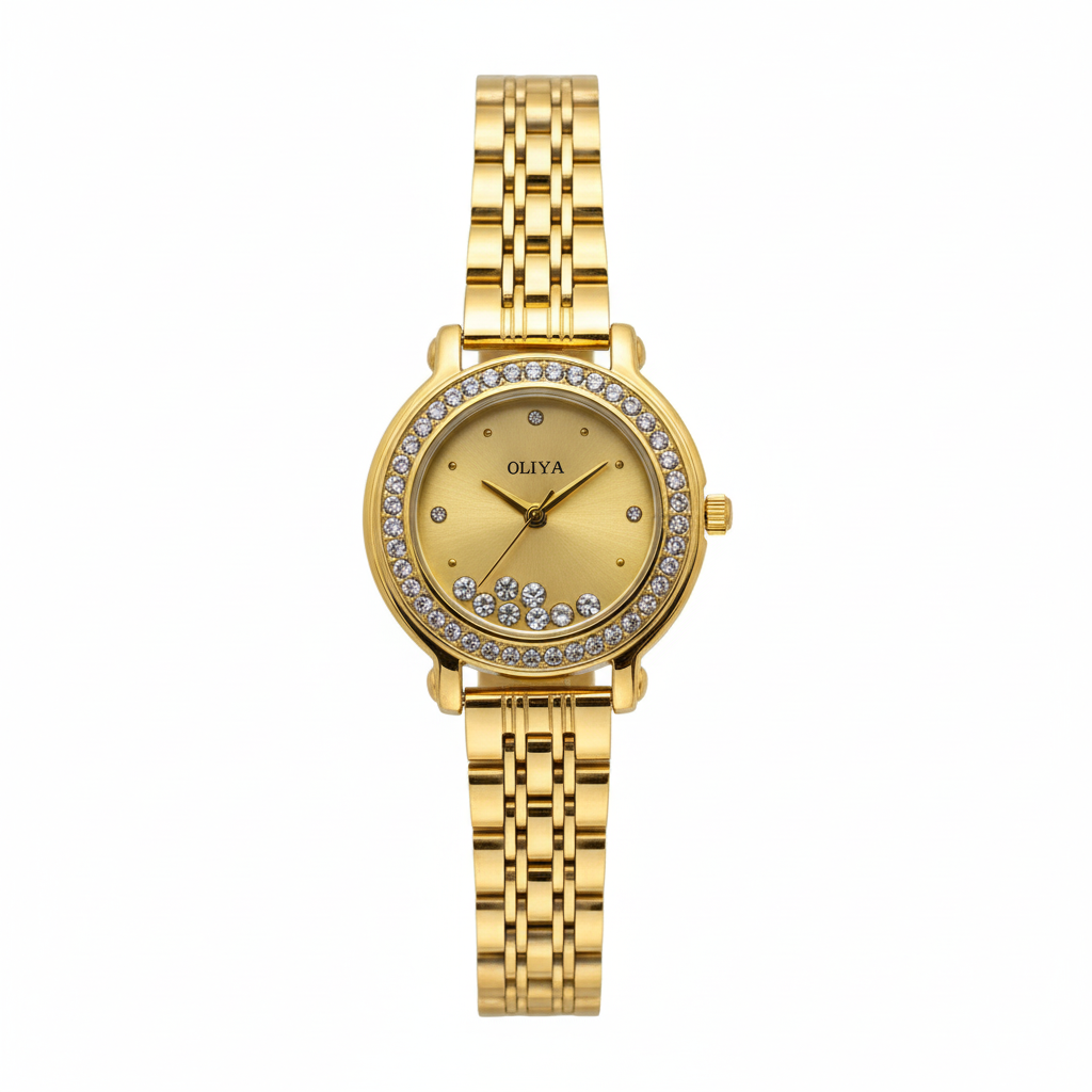 Montre OLIYA Dorée à Cadran Doré et Cristaux Mobiles – L’Expression Pure du Luxe Féminin