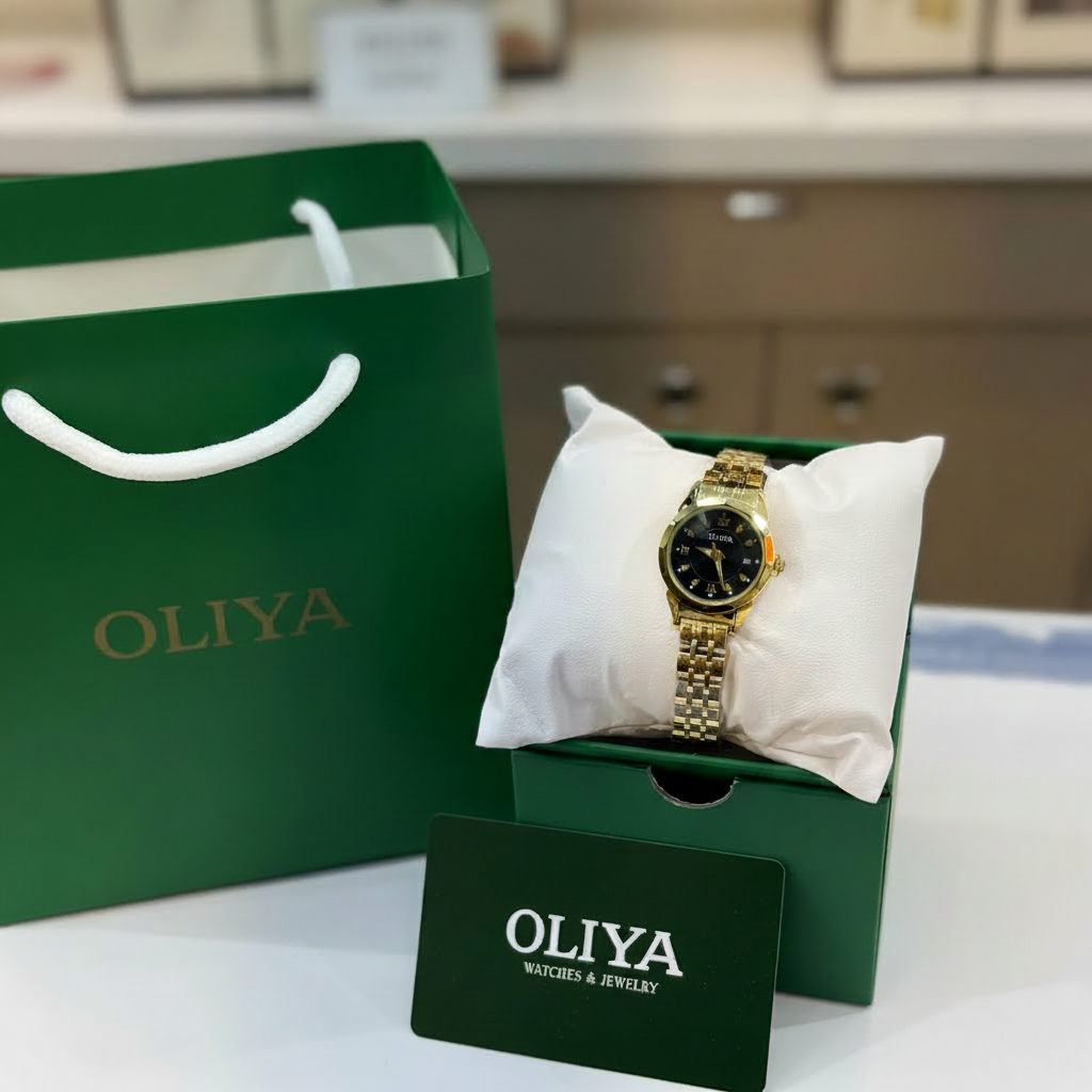 Montre OLIYA Dorée Cadran Noir – Élégance Prestigieuse avec Fonction Date