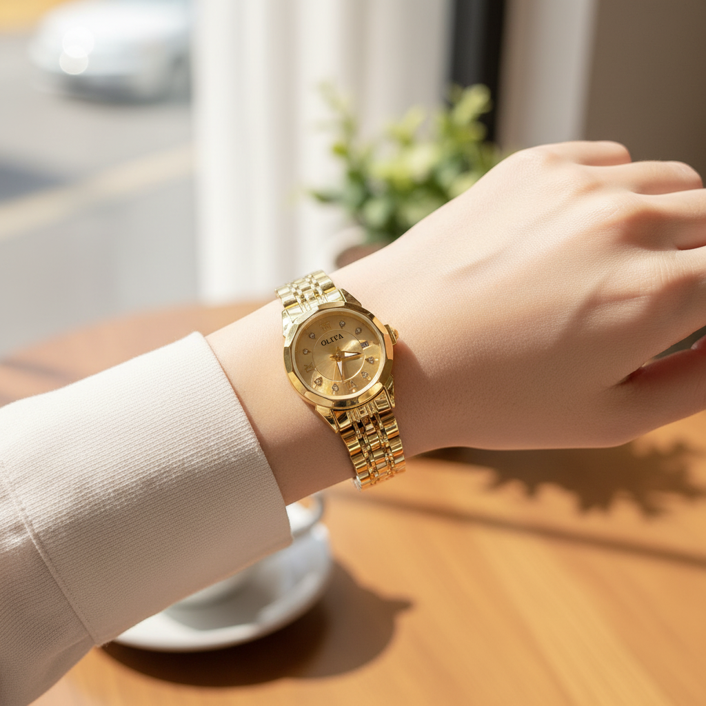 Montre OLIYA Dorée Cadran Champagne avec Date – Élégance Luxueuse et Raffinement Intemporel