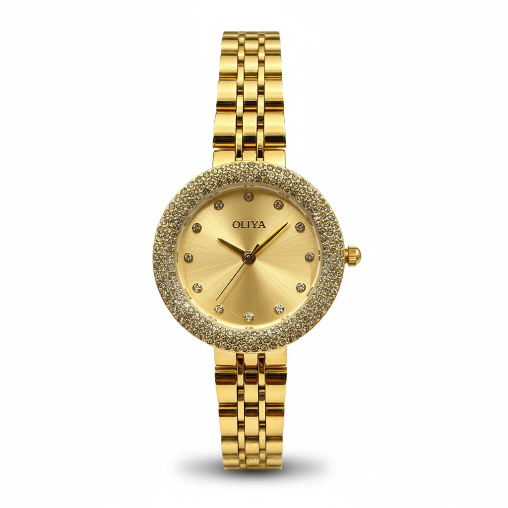 Montre OLIYA Dorée à Strass avec Cadran Doré – Luxe Éclatant et Élégance Féminine