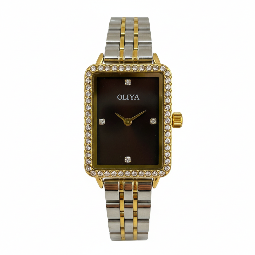 Montre OLIYA 609 Bicolore Rectangulaire – Cadran Brun Élégant et Luxe Raffiné